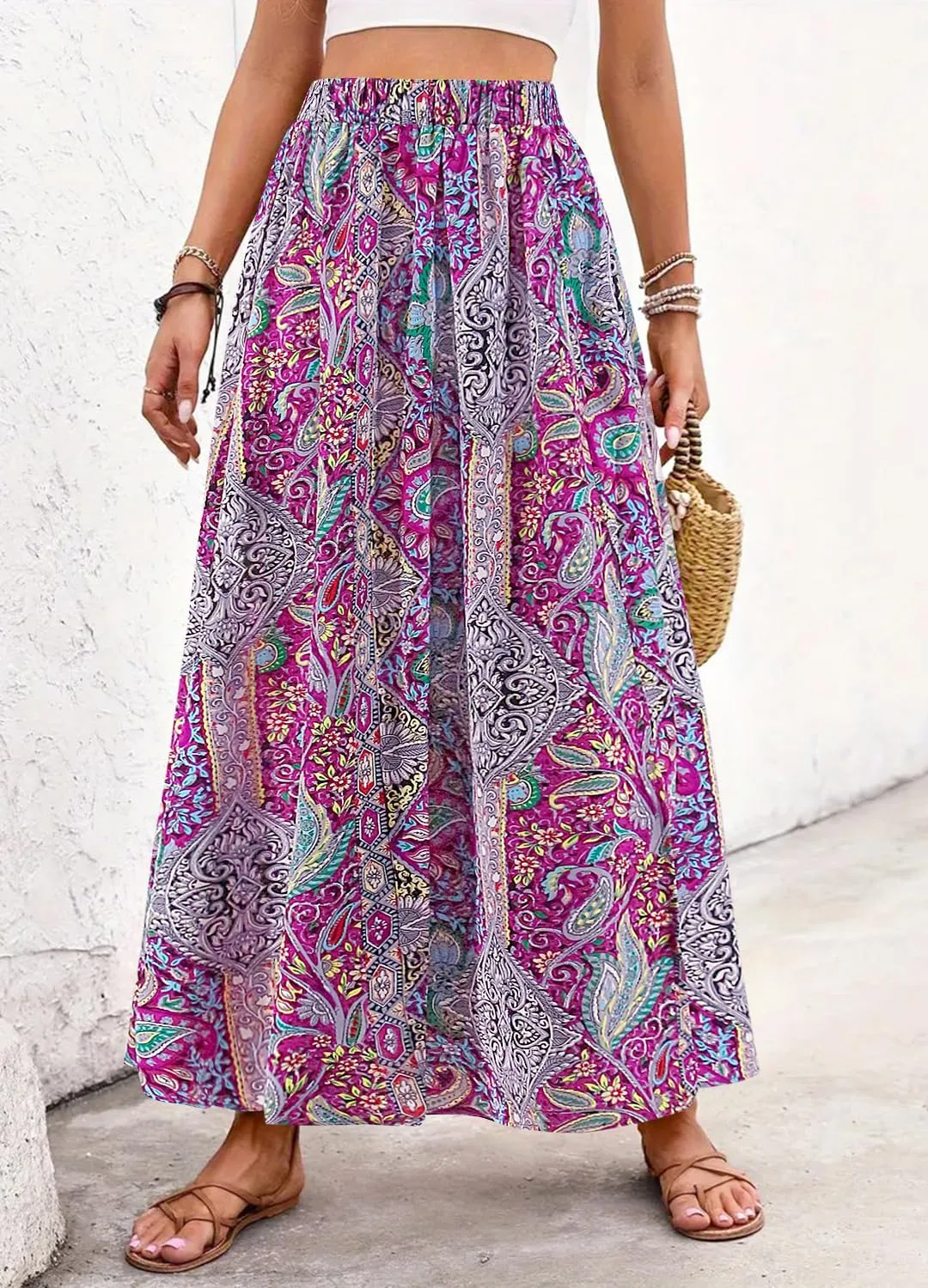 Women's Vintage Paisley Printed A-Line Skirt High Waist Sexy Split Maxi Flowy Midi Skirts for Beach Party Holiday