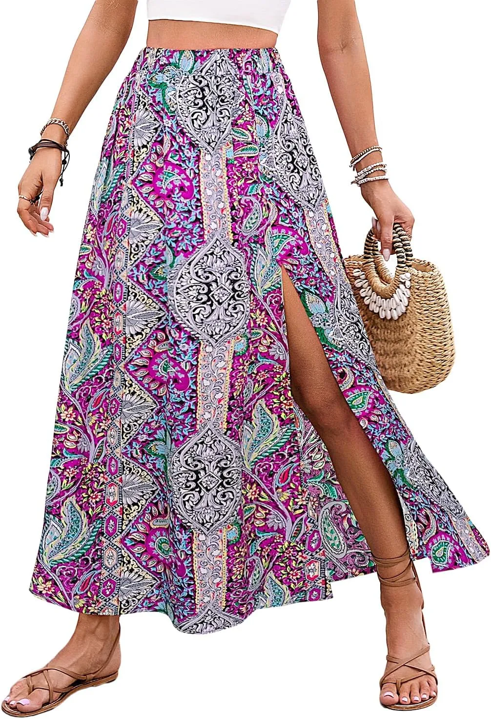Women's Vintage Paisley Printed A-Line Skirt High Waist Sexy Split Maxi Flowy Midi Skirts for Beach Party Holiday