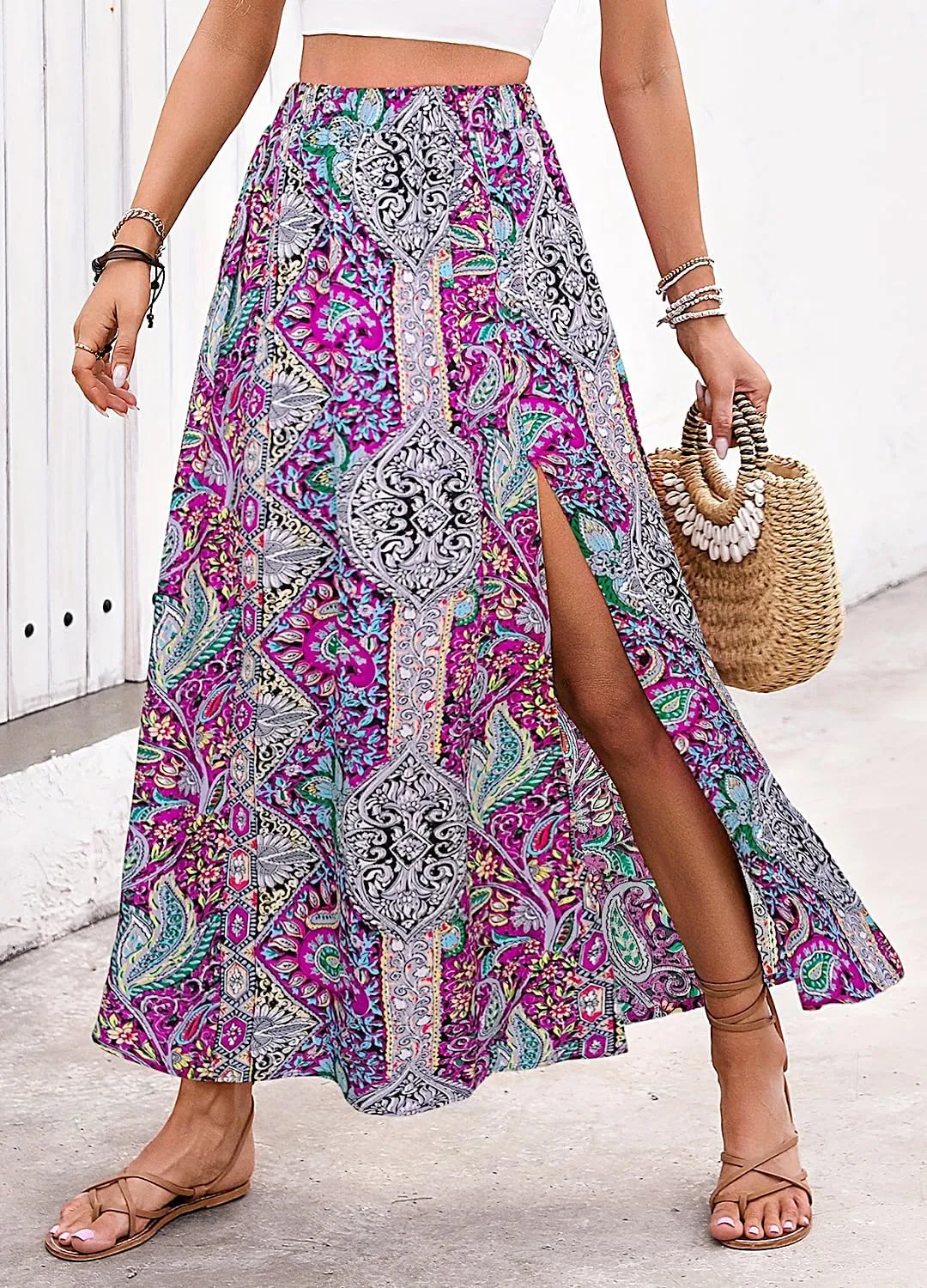 Women's Vintage Paisley Printed A-Line Skirt High Waist Sexy Split Maxi Flowy Midi Skirts for Beach Party Holiday