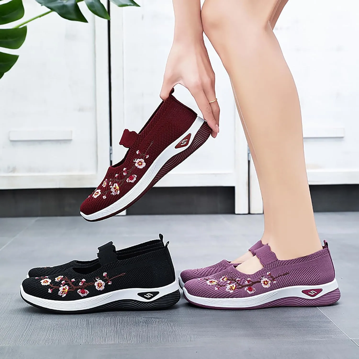 Women's Woven Orthopedic Breathable Soft Shoes Flower Embroidered Slip On Knitting Flat Loafers Foam Shoes Hands Free Slip in Sneakers Arch Support