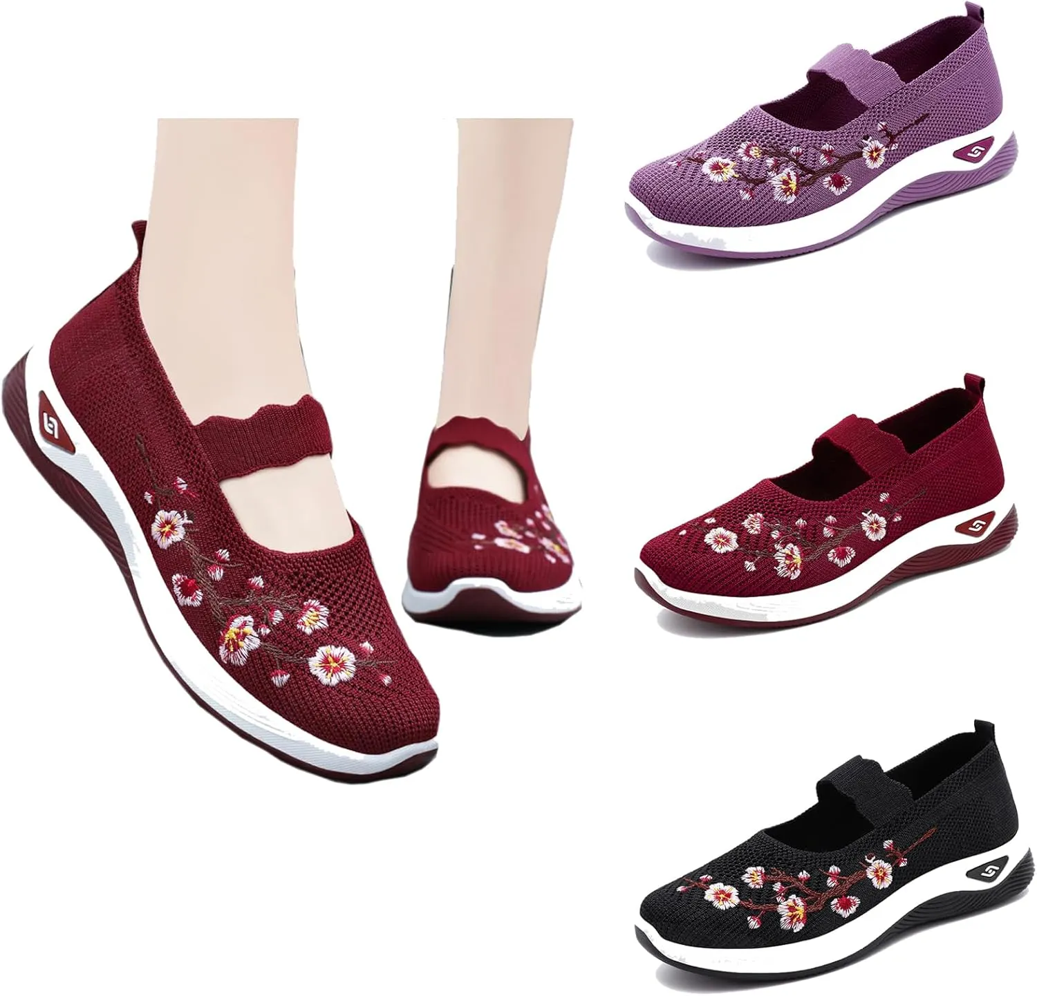 Women's Woven Orthopedic Breathable Soft Shoes Flower Embroidered Slip On Knitting Flat Loafers Foam Shoes Hands Free Slip in Sneakers Arch Support