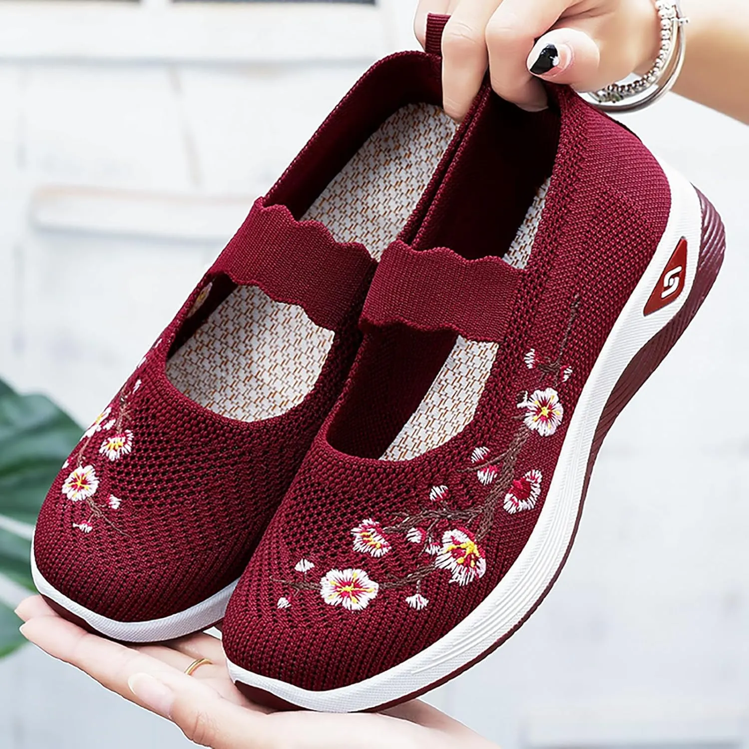 Women's Woven Orthopedic Breathable Soft Shoes Flower Embroidered Slip On Knitting Flat Loafers Foam Shoes Hands Free Slip in Sneakers Arch Support
