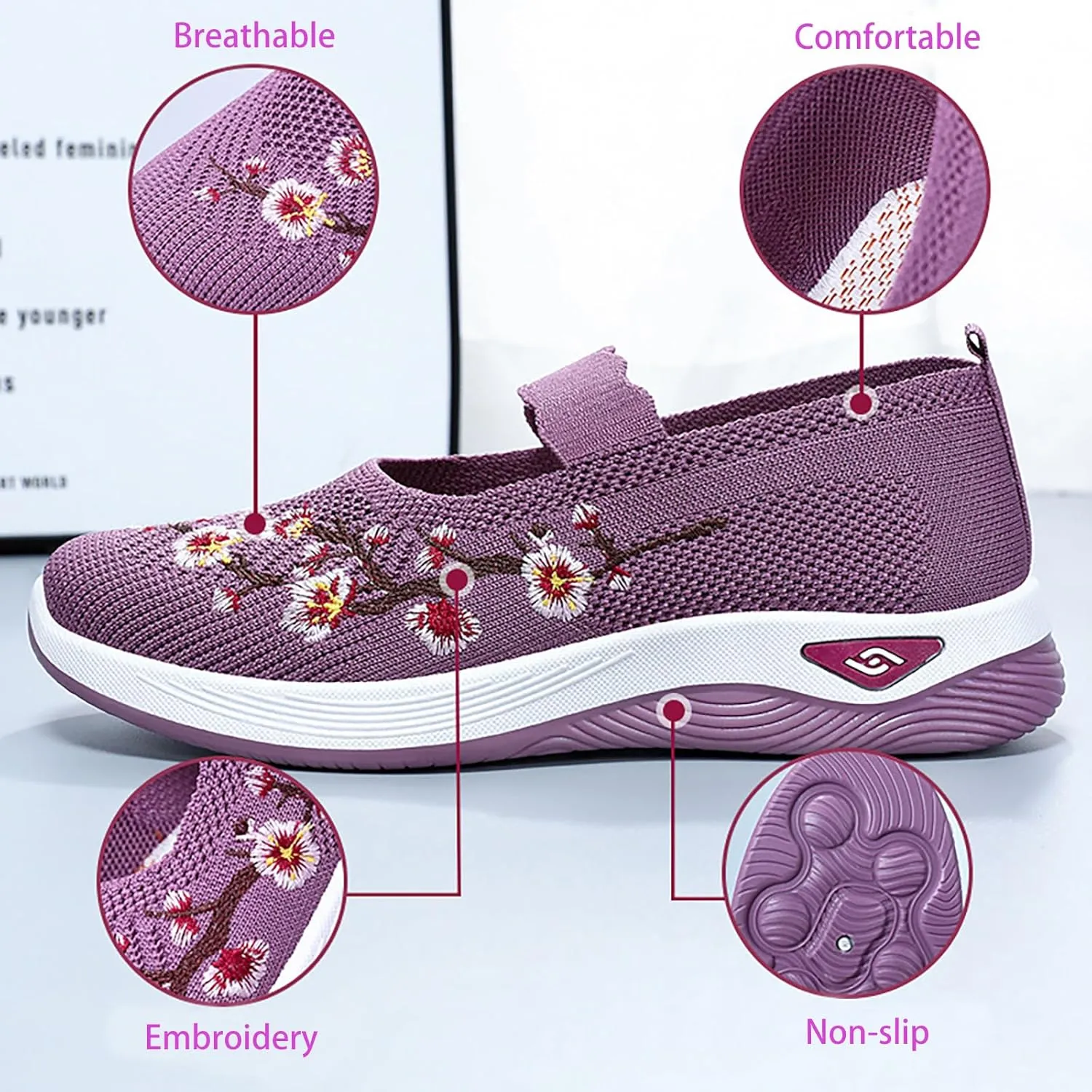 Women's Woven Orthopedic Breathable Soft Shoes Flower Embroidered Slip On Knitting Flat Loafers Foam Shoes Hands Free Slip in Sneakers Arch Support