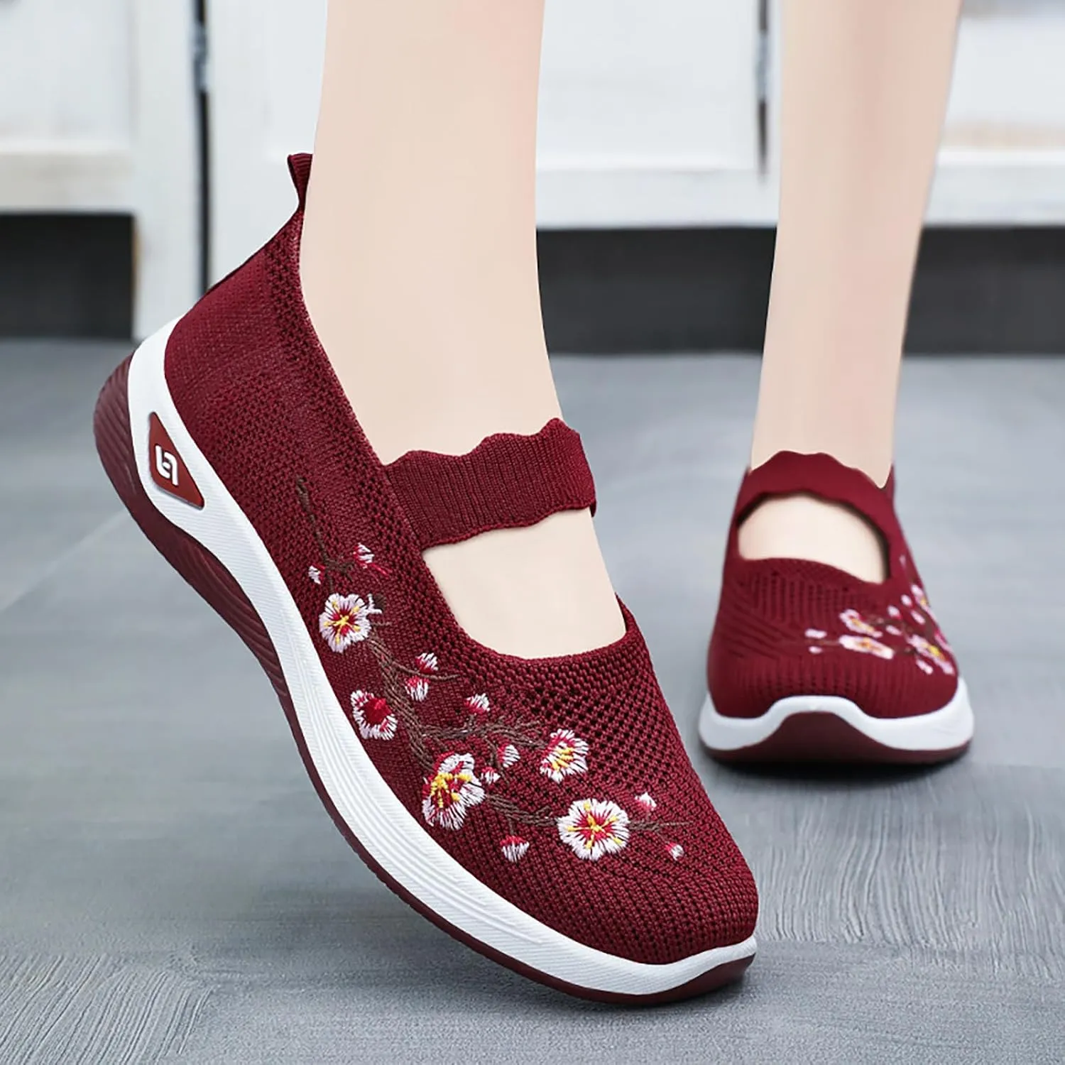 Women's Woven Orthopedic Breathable Soft Shoes Flower Embroidered Slip On Knitting Flat Loafers Foam Shoes Hands Free Slip in Sneakers Arch Support