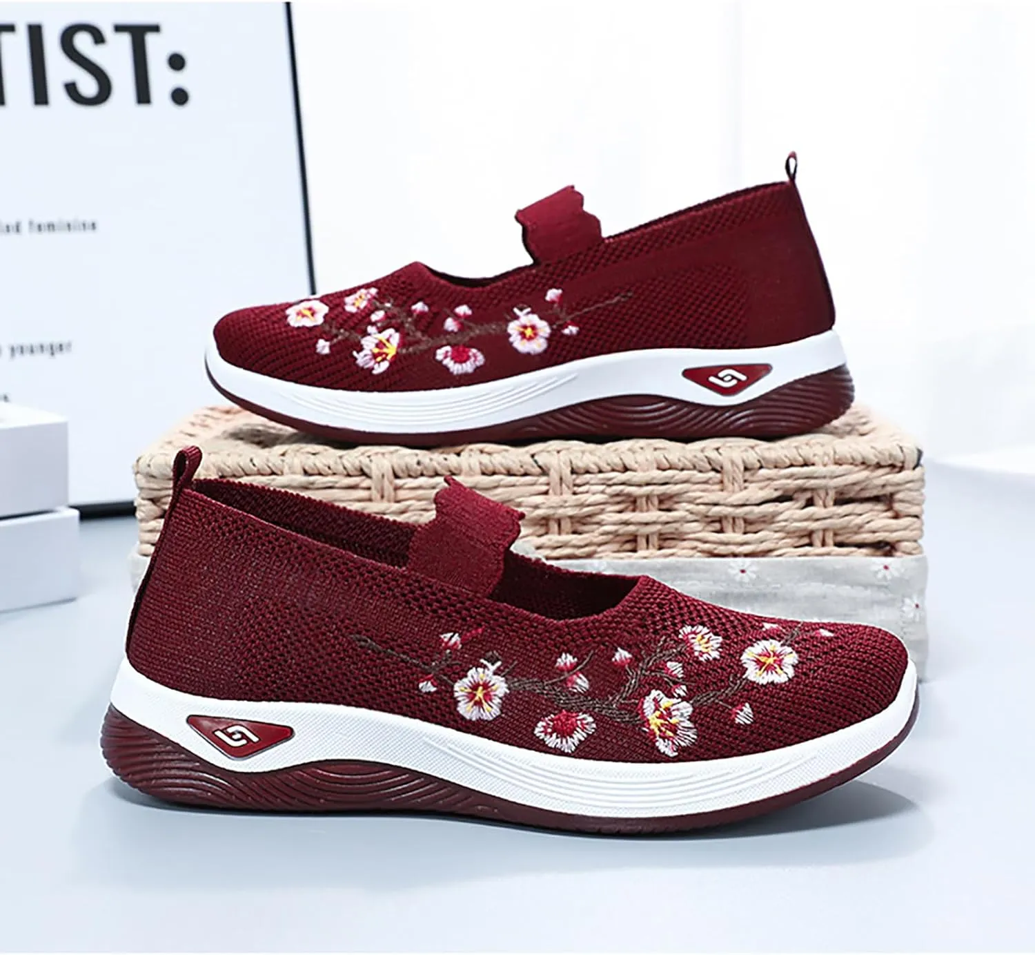 Women's Woven Orthopedic Breathable Soft Shoes Flower Embroidered Slip On Knitting Flat Loafers Foam Shoes Hands Free Slip in Sneakers Arch Support