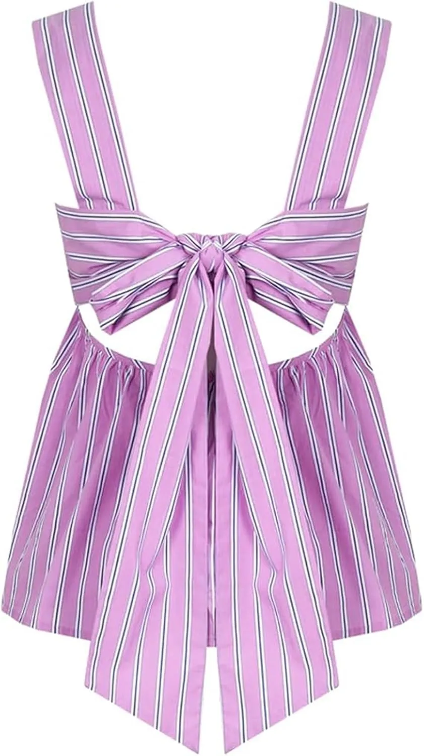 Womens Y2K Gingham Tank Tops Peplum Plaid Square Neck Babydoll Top Going Out Tops Bowtie Backless Cami Shirts