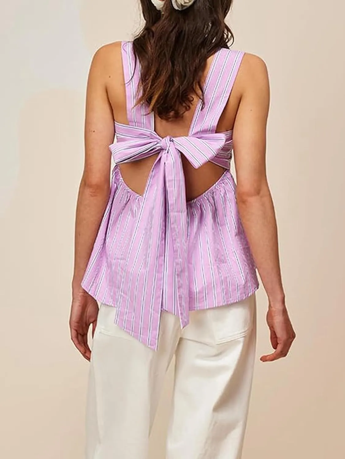 Womens Y2K Gingham Tank Tops Peplum Plaid Square Neck Babydoll Top Going Out Tops Bowtie Backless Cami Shirts
