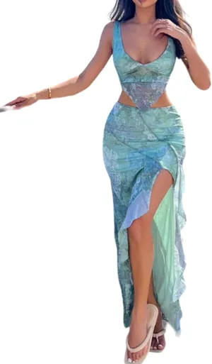 Xuan2Xuan3 Women Blue Two Piece Outfits Bodycon Dress Sundress Sleeveless Crop Top and Skirt Set Vacation Dresses