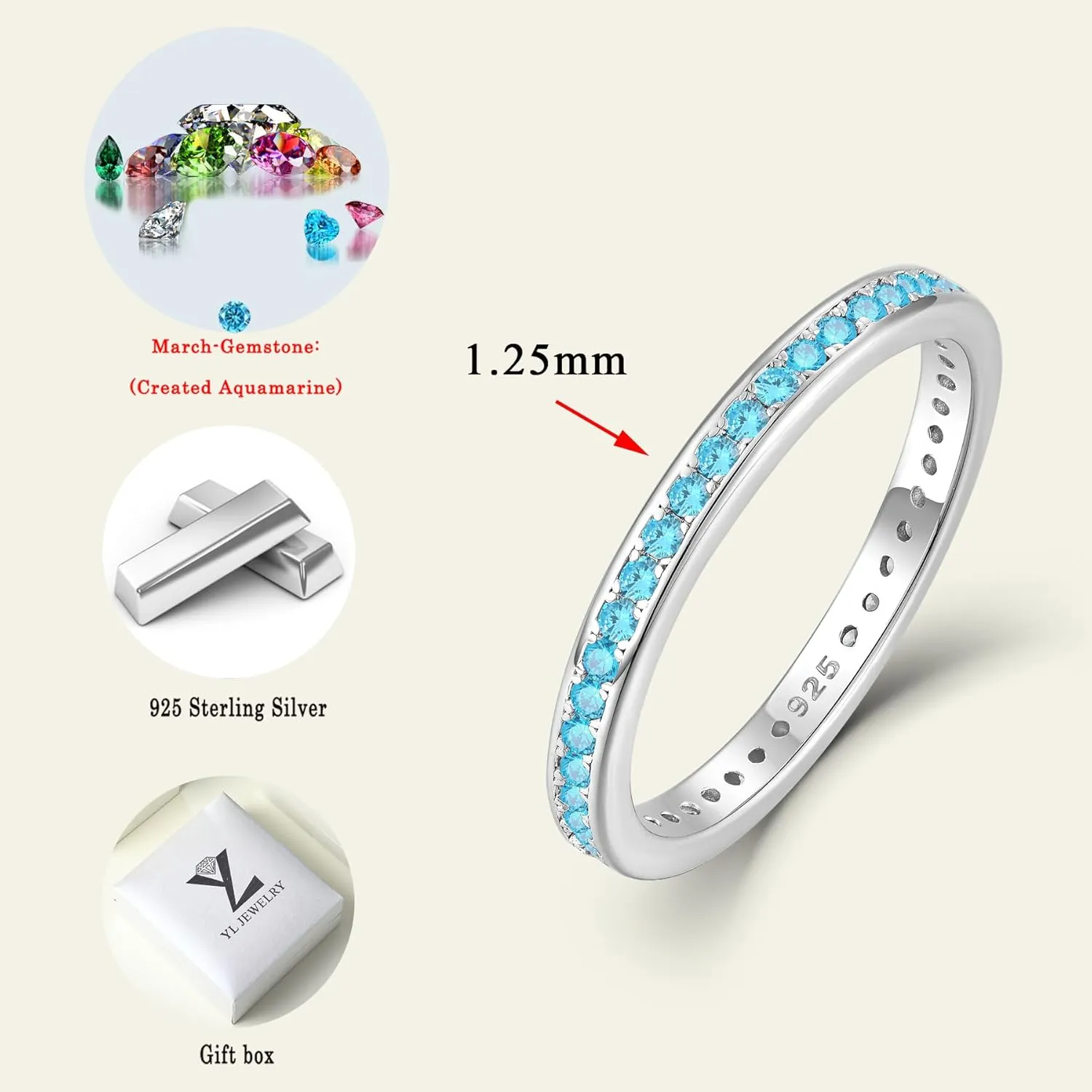 YL Women's Stackable Ring 925 Sterling Silver Stacked Rings 1.25mm Birthstone Eternity Bands