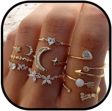 YOOESTORES82 Boho Gold Stackable Rings for Women.Trendy Stuff Knuckle Rings Star Moon Joint Finger Rings Set Crystal Trendy Rings for Women Gifts
