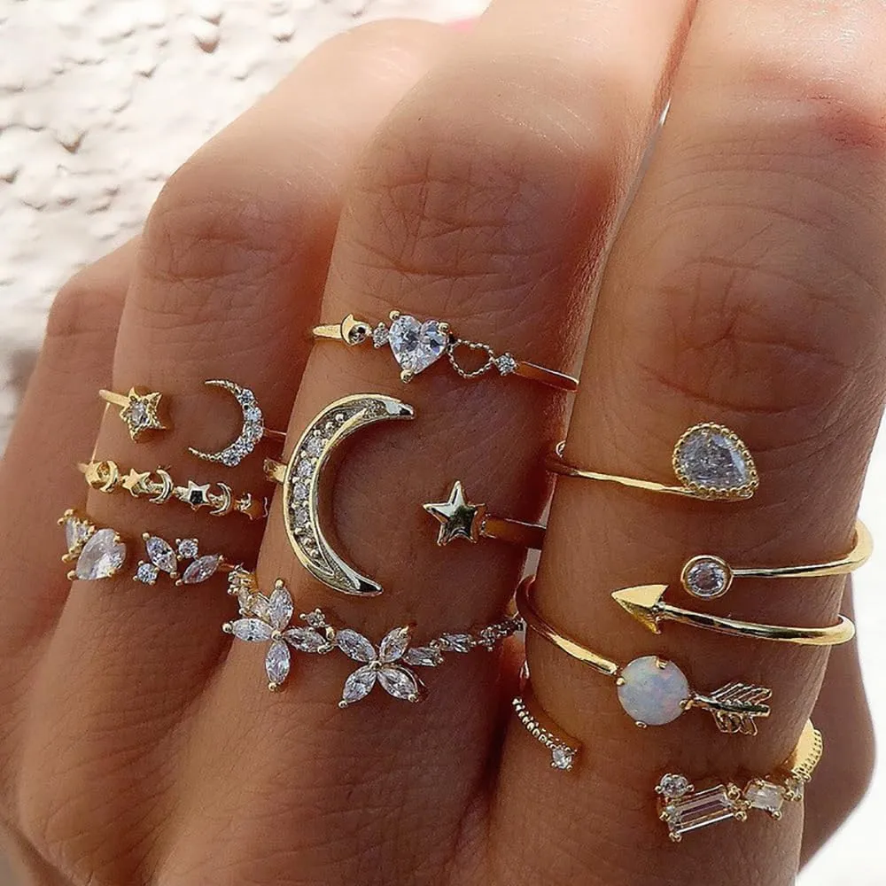 YOOESTORES82 Boho Gold Stackable Rings for Women.Trendy Stuff Knuckle Rings Star Moon Joint Finger Rings Set Crystal Trendy Rings for Women Gifts