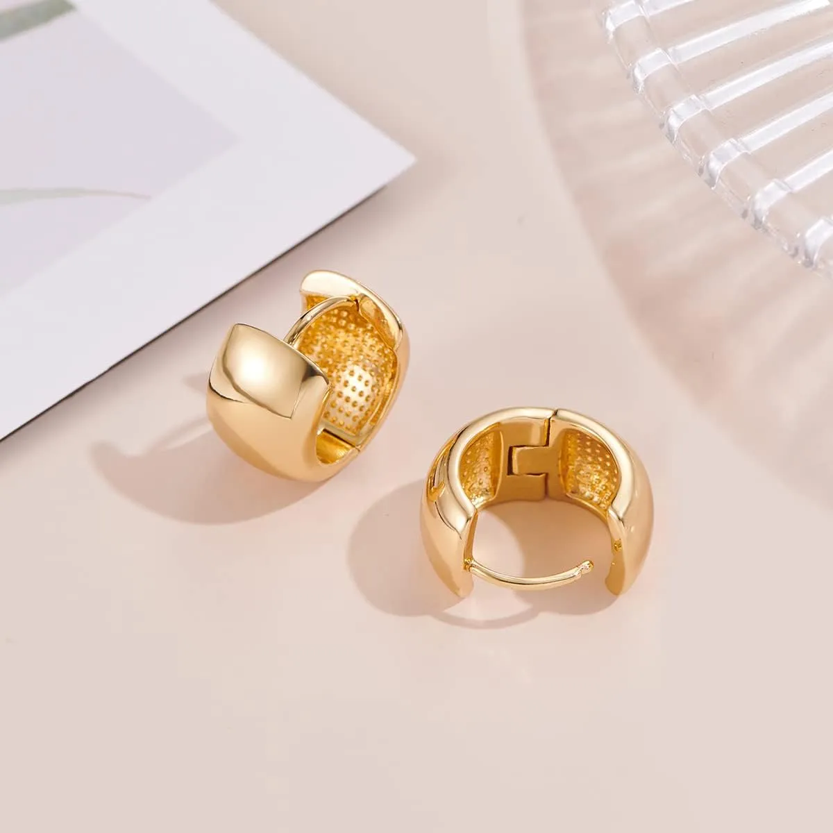 YUJIE Chunky Gold Huggie Earrings - 18K Gold Plated, Hypoallergenic Hoops for Women & Men