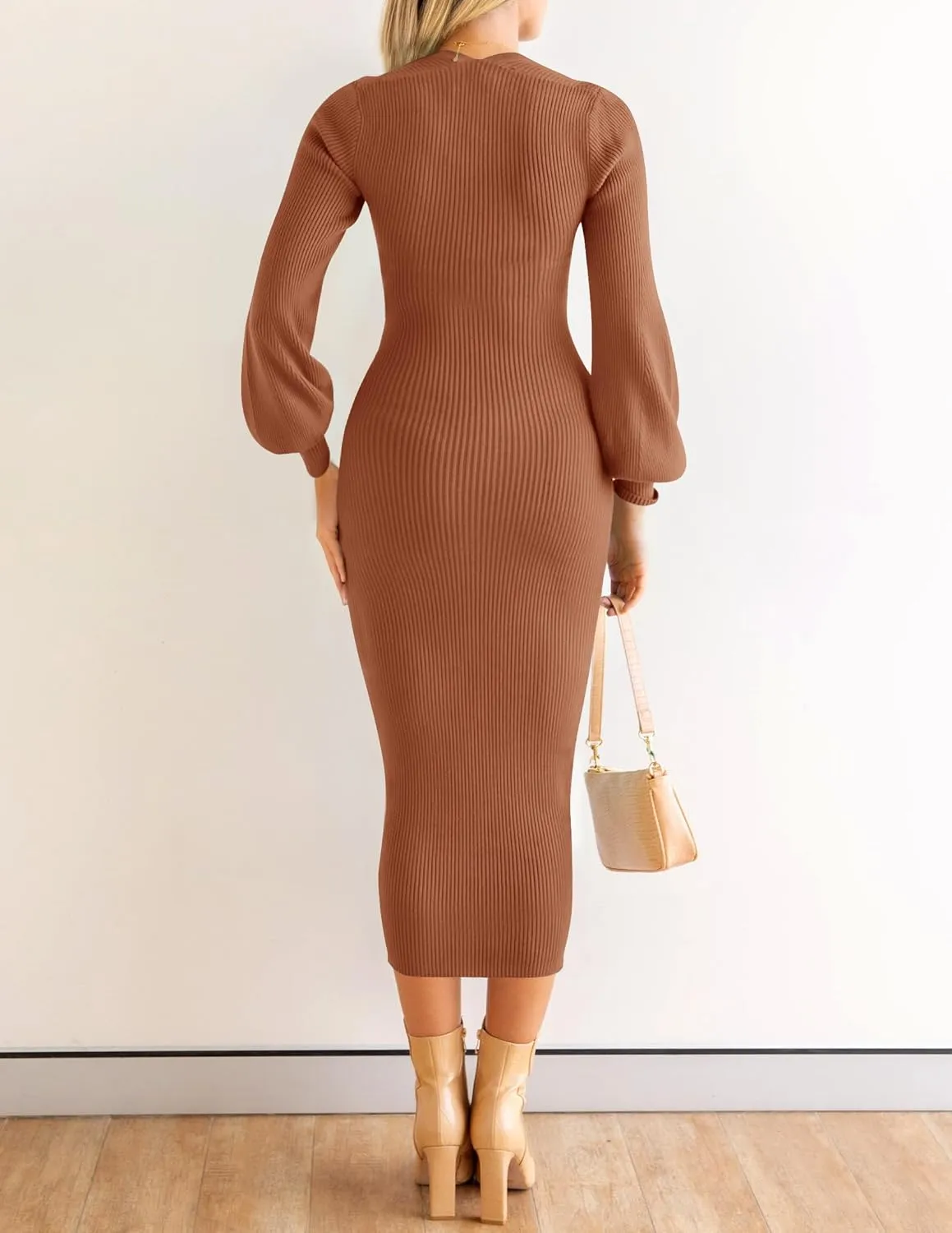 ZESICA Women's 2024 Square Neck Ribbed Knit Dress Puff Long Sleeve Slim Fit Bodycon Fall Winter Pullover Sweater Dress