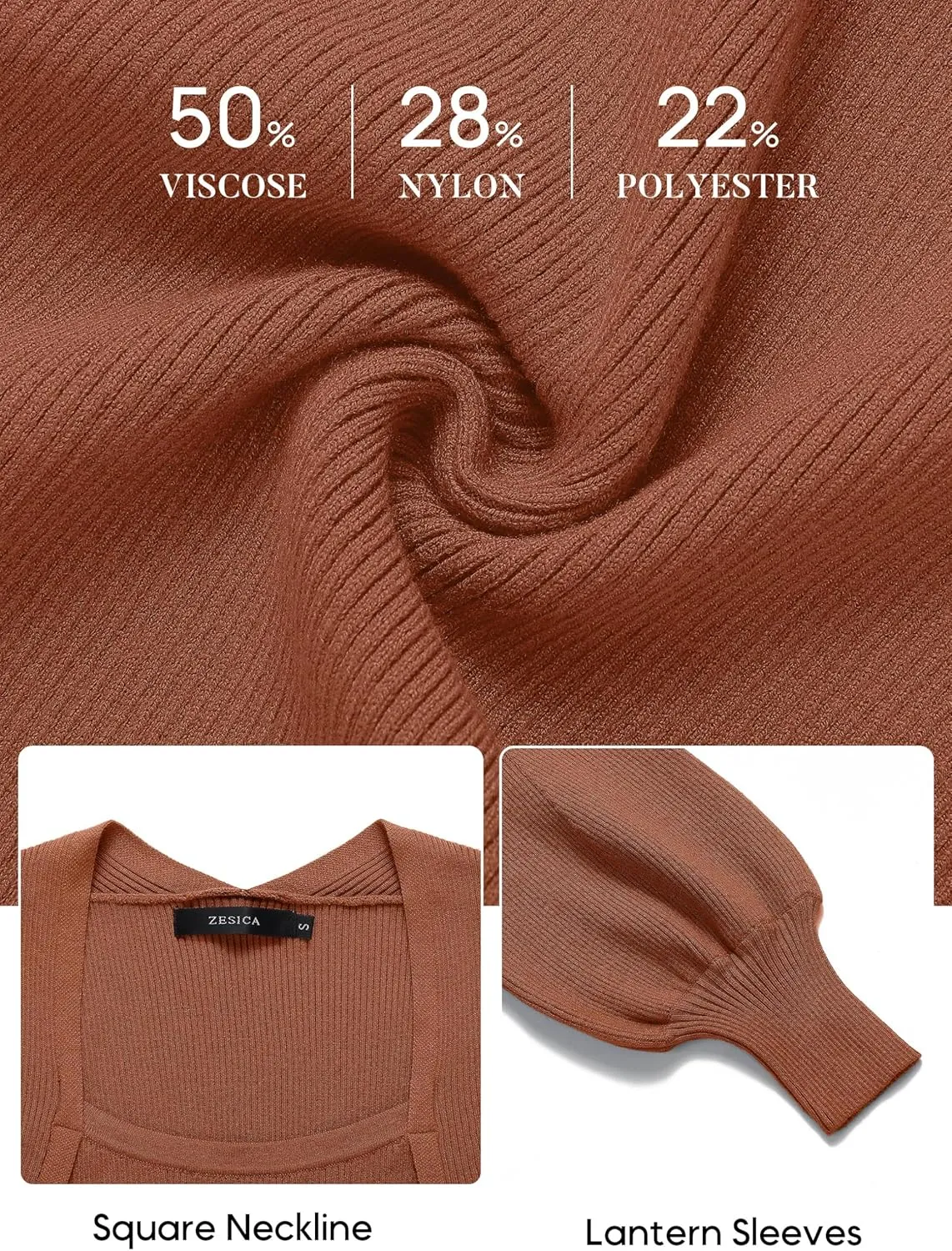ZESICA Women's 2024 Square Neck Ribbed Knit Dress Puff Long Sleeve Slim Fit Bodycon Fall Winter Pullover Sweater Dress