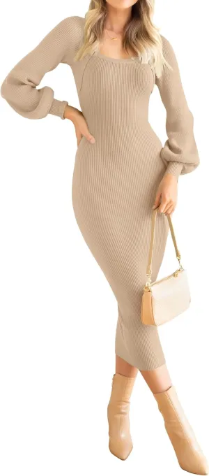 ZESICA Women's 2024 Square Neck Ribbed Knit Dress Puff Long Sleeve Slim Fit Bodycon Fall Winter Pullover Sweater Dress