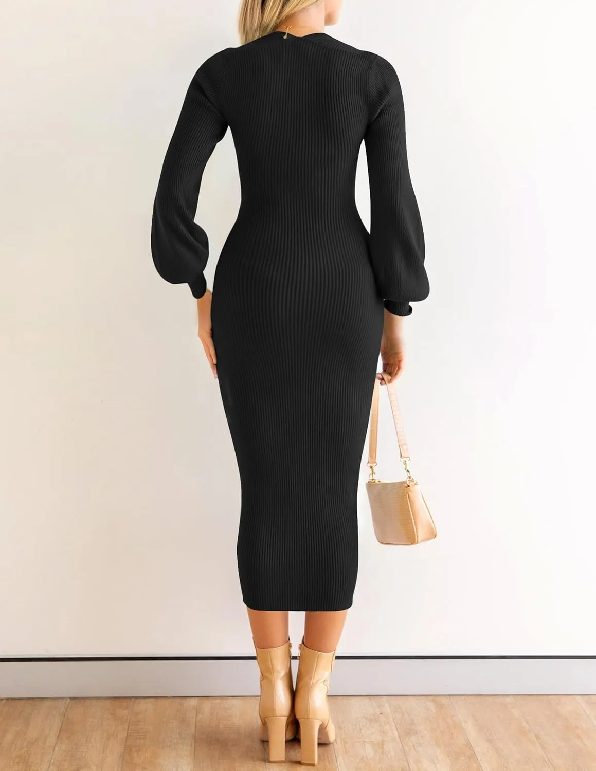 ZESICA Women's 2024 Square Neck Ribbed Knit Dress Puff Long Sleeve Slim Fit Bodycon Fall Winter Pullover Sweater Dress