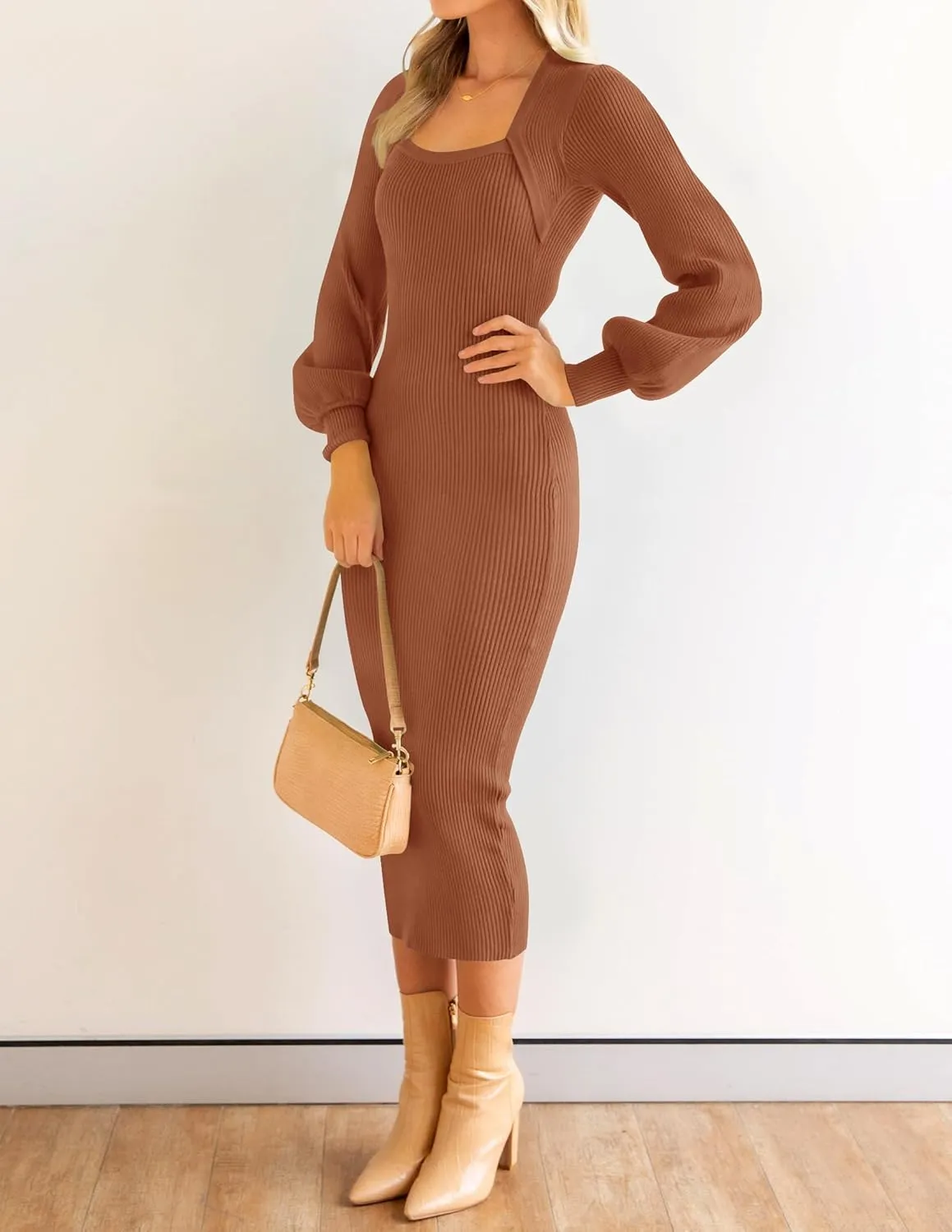 ZESICA Women's 2024 Square Neck Ribbed Knit Dress Puff Long Sleeve Slim Fit Bodycon Fall Winter Pullover Sweater Dress