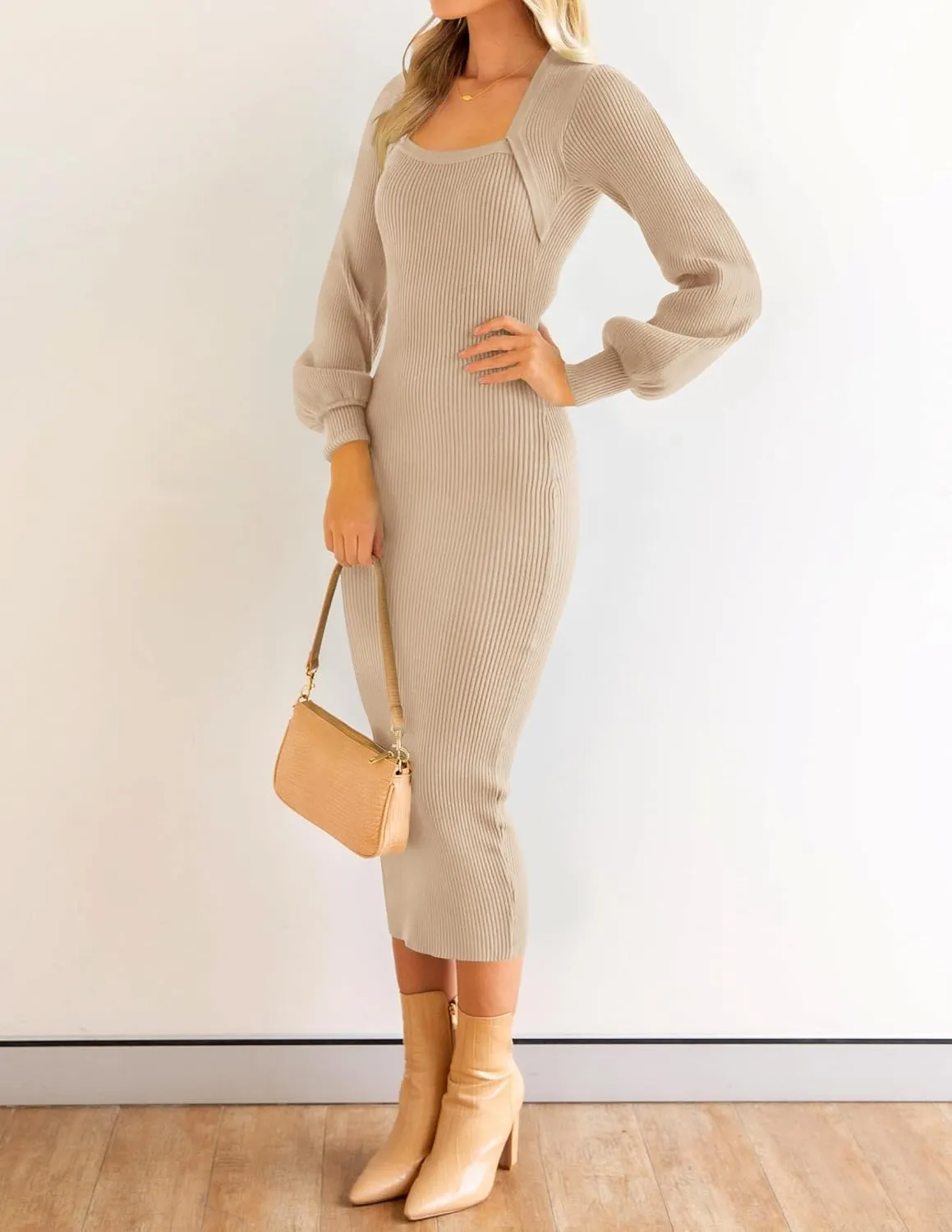 ZESICA Women's 2024 Square Neck Ribbed Knit Dress Puff Long Sleeve Slim Fit Bodycon Fall Winter Pullover Sweater Dress