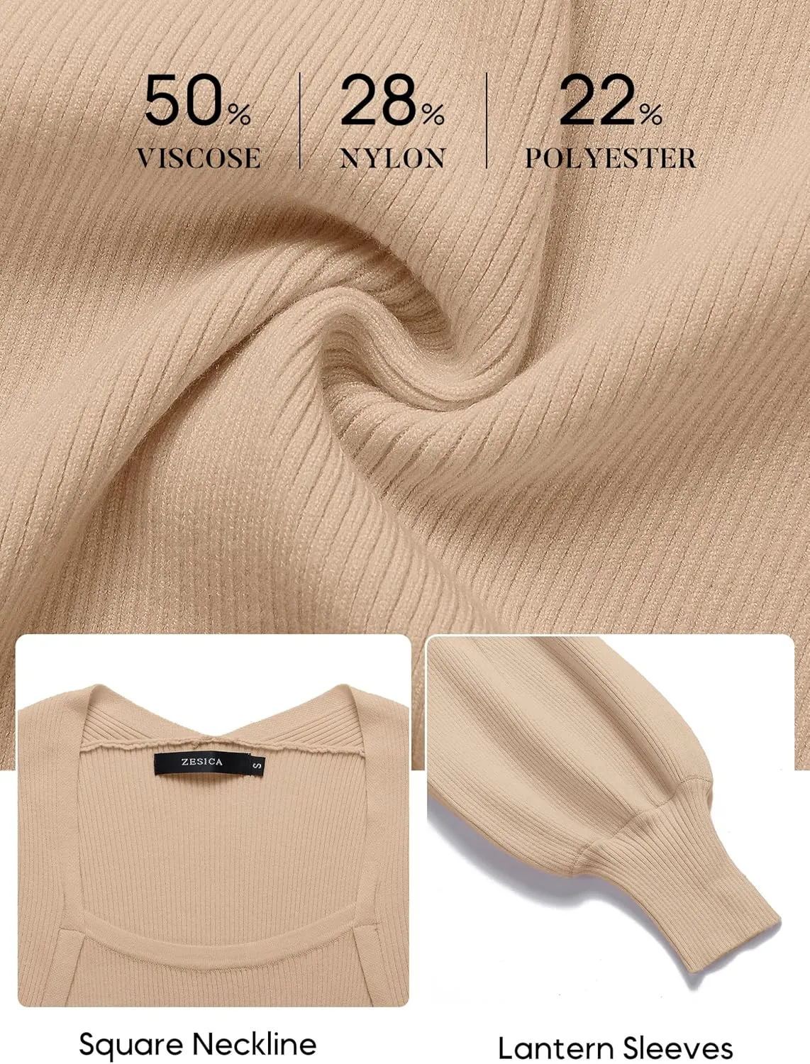 ZESICA Women's 2024 Square Neck Ribbed Knit Dress Puff Long Sleeve Slim Fit Bodycon Fall Winter Pullover Sweater Dress