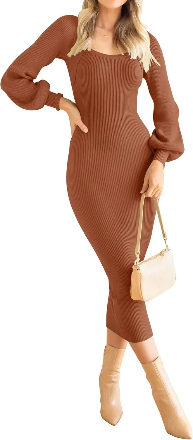 ZESICA Women's 2024 Square Neck Ribbed Knit Dress Puff Long Sleeve Slim Fit Bodycon Fall Winter Pullover Sweater Dress
