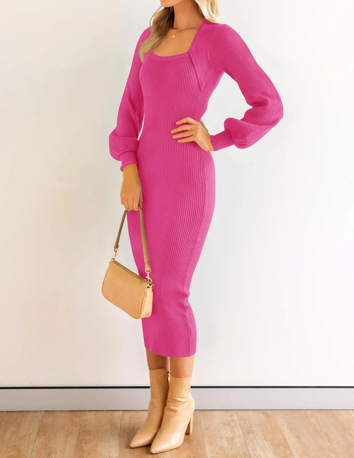 ZESICA Women's 2024 Square Neck Ribbed Knit Dress Puff Long Sleeve Slim Fit Bodycon Fall Winter Pullover Sweater Dress