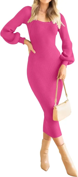 ZESICA Women's 2024 Square Neck Ribbed Knit Dress Puff Long Sleeve Slim Fit Bodycon Fall Winter Pullover Sweater Dress
