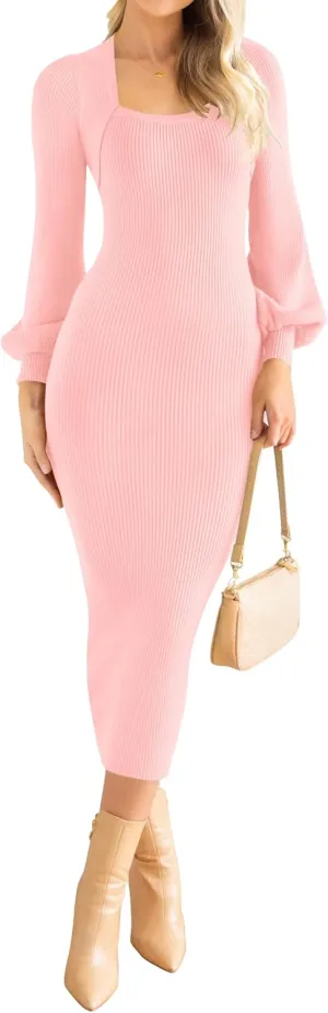 ZESICA Women's 2024 Square Neck Ribbed Knit Dress Puff Long Sleeve Slim Fit Bodycon Fall Winter Pullover Sweater Dress