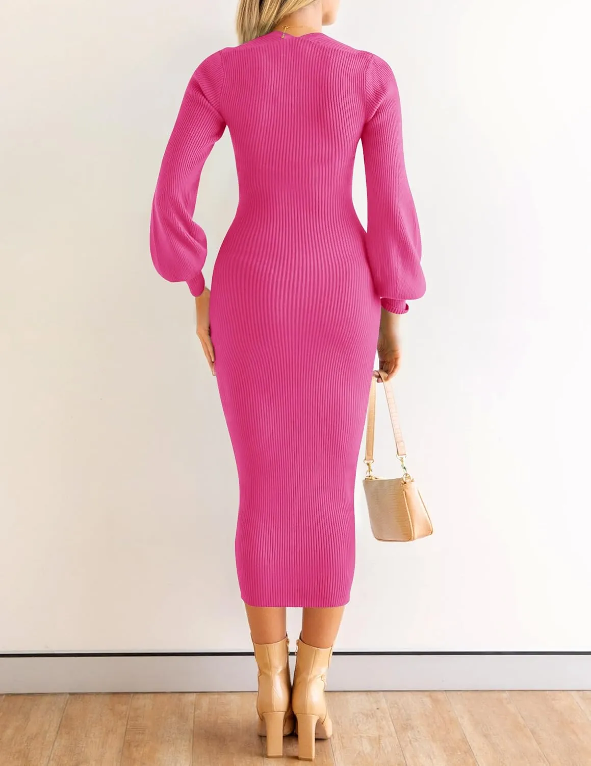 ZESICA Women's 2024 Square Neck Ribbed Knit Dress Puff Long Sleeve Slim Fit Bodycon Fall Winter Pullover Sweater Dress
