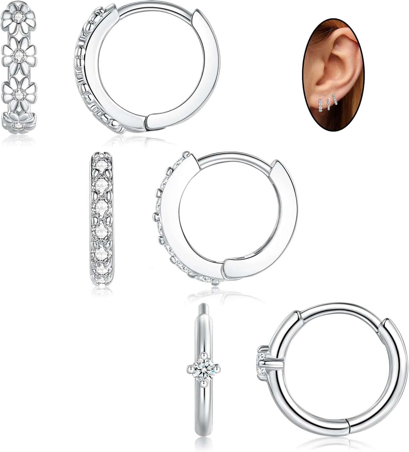 ZRU 3 Pairs Small Silver Hoop Huggie Earrings Set for Women Men Flower CZ Huggie Hoop Earrings Cartilage Piercing Earrings Hypoallgenic Silver Plated Earrings Trendy Gifts