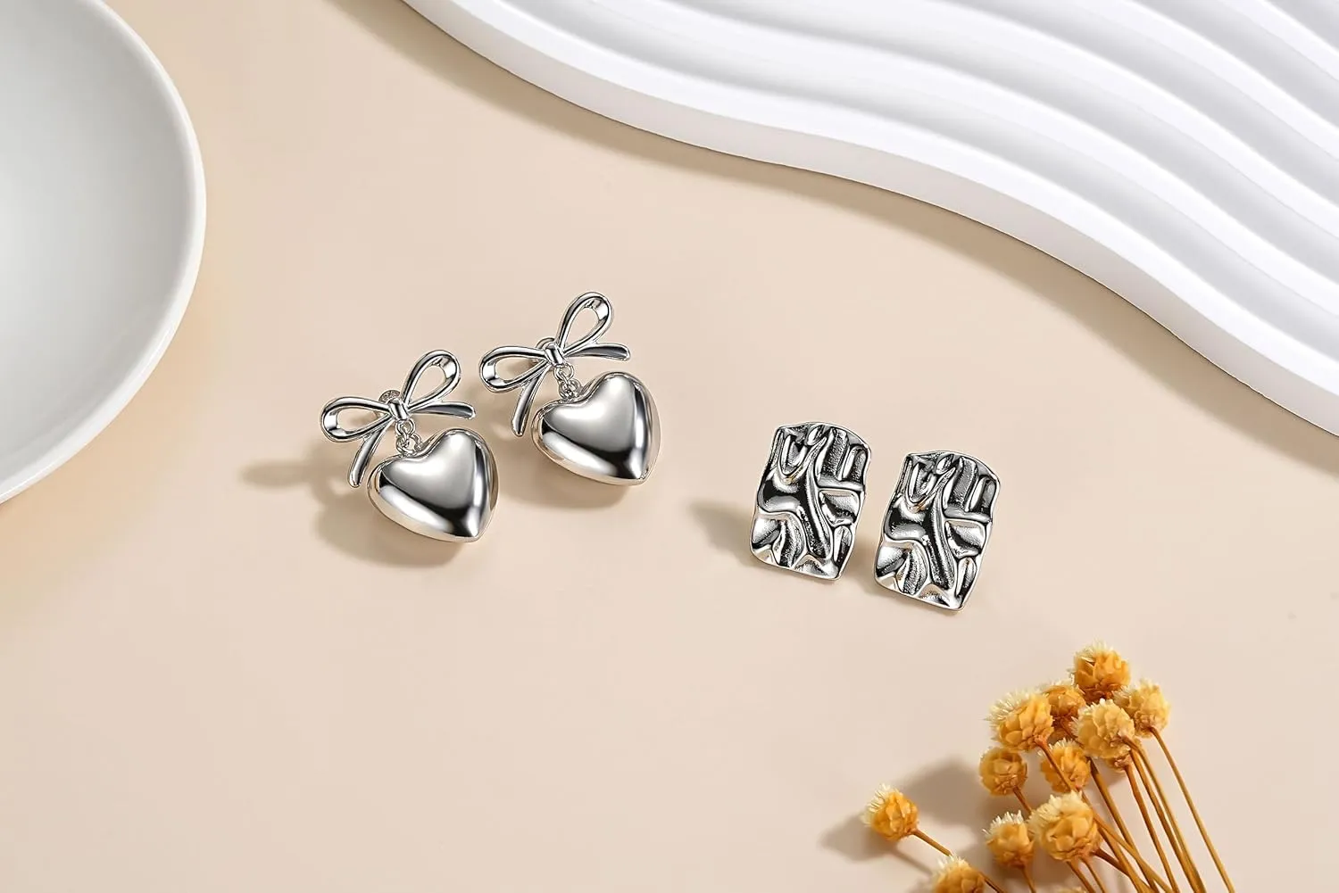 ZRU Sterling Silver Bow Earrings for Women, 2 Pairs Big Ribbon Bow Heart Geometric Dangle Earrings Set Hypoallergenic Statement Jewelry Christmas Gifts