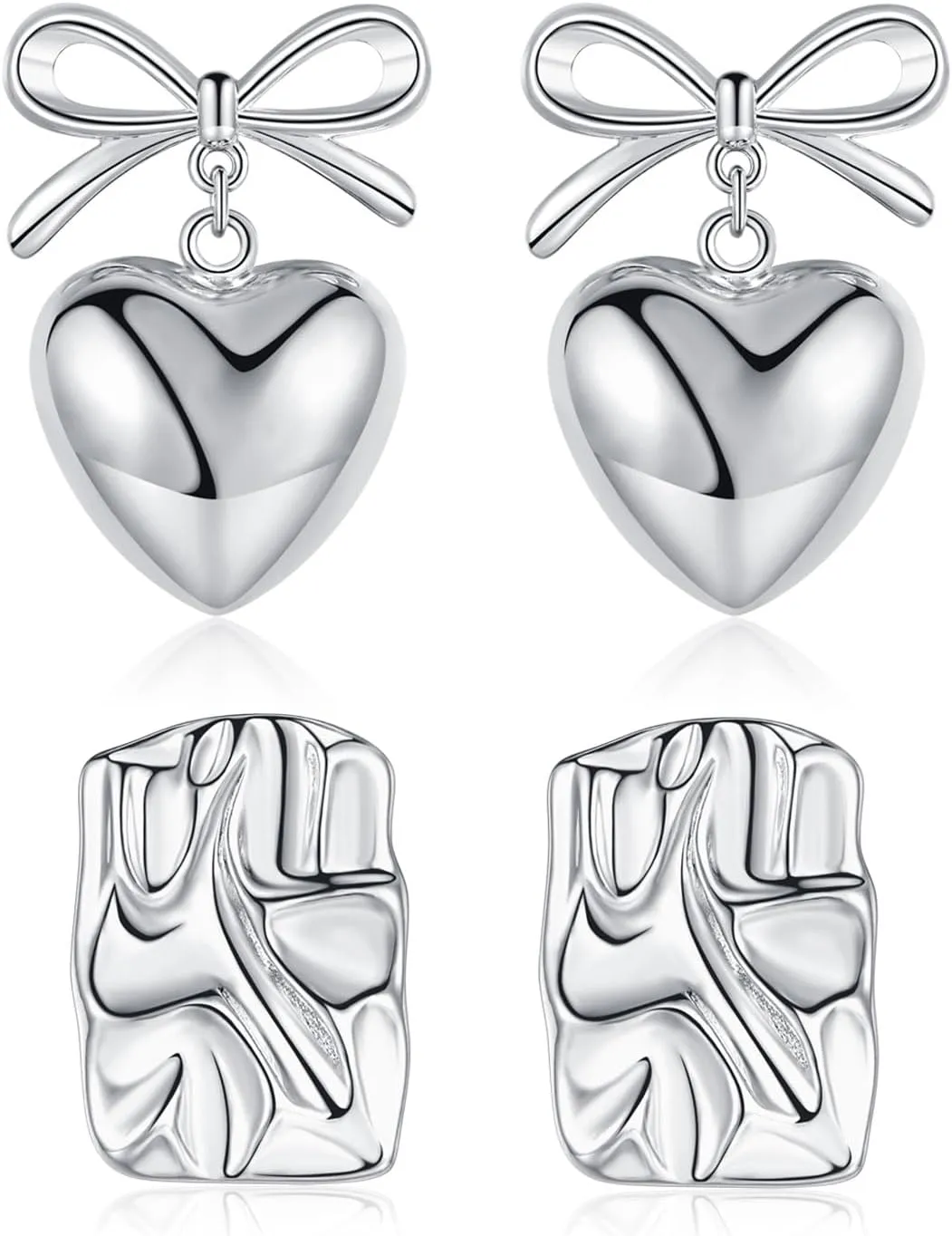 ZRU Sterling Silver Bow Earrings for Women, 2 Pairs Big Ribbon Bow Heart Geometric Dangle Earrings Set Hypoallergenic Statement Jewelry Christmas Gifts