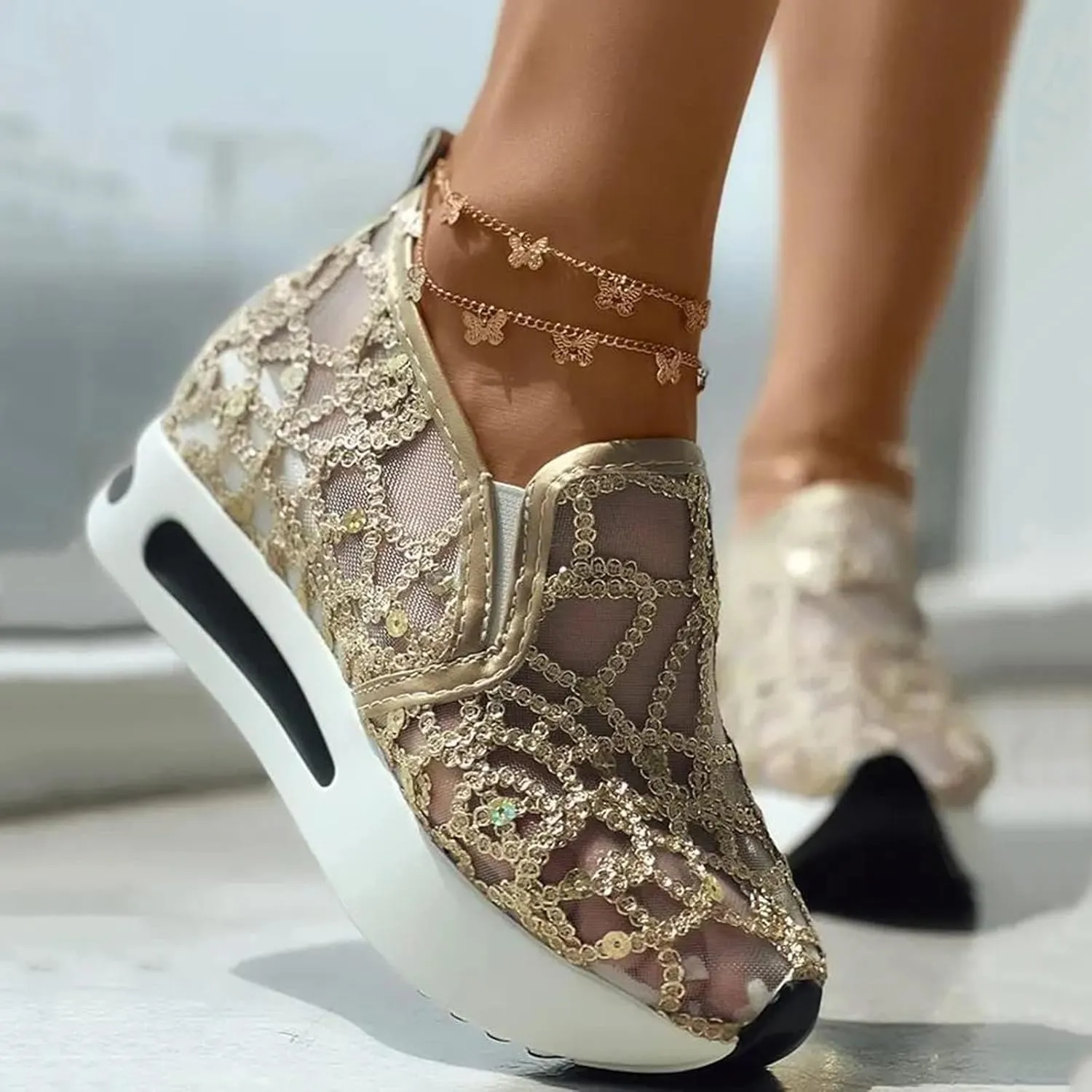 ZWRXW Platform Sneakers for Women Summer Lace Mesh Platform Shoes Chunky Lightweight Comfortable Casual Sneakers Outdoor Walking Fashion Shoes